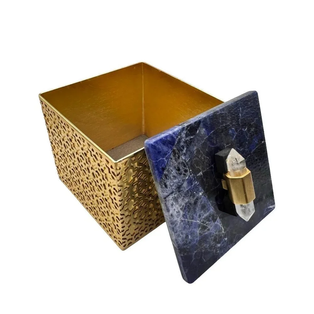 NEW Kendra Scott Ornate Jewelry Box  Gold Blue Sodalite Quartz Gold Tone Square